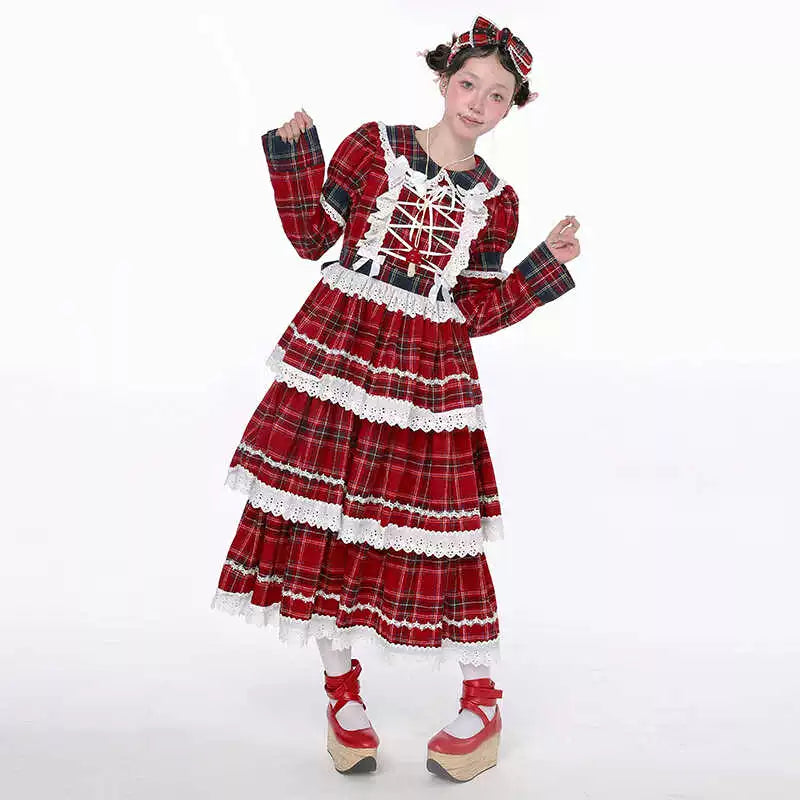 Lace Patchwork Plaid Tiered Dress NA6521