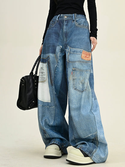 Wide-leg Patch Spliced Print Denim Jeans NA6279