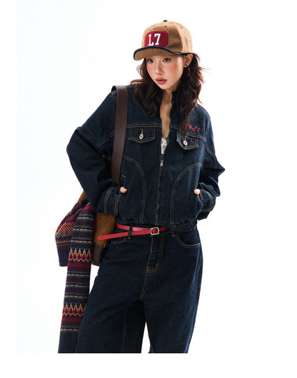Embroidered Cropped Denim Jacket & Wide-Leg Denim Jeans Setup NA9420