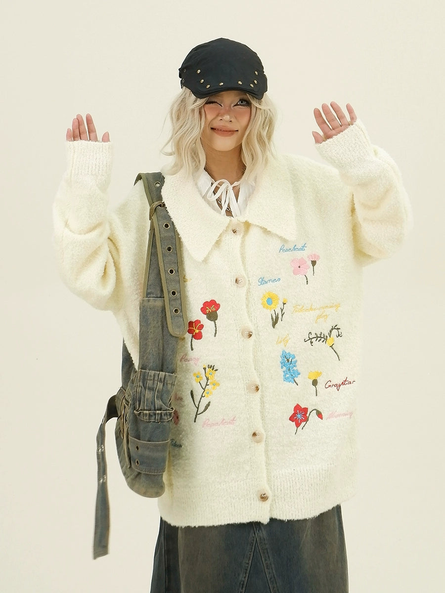 Floral Embroidery Oversize Polo Knit Cardigan NA6328