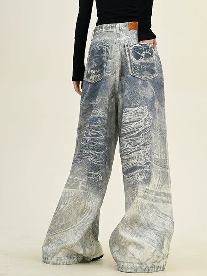 Oversize Keychain Print Wide-Leg Denim Jeans NA6292