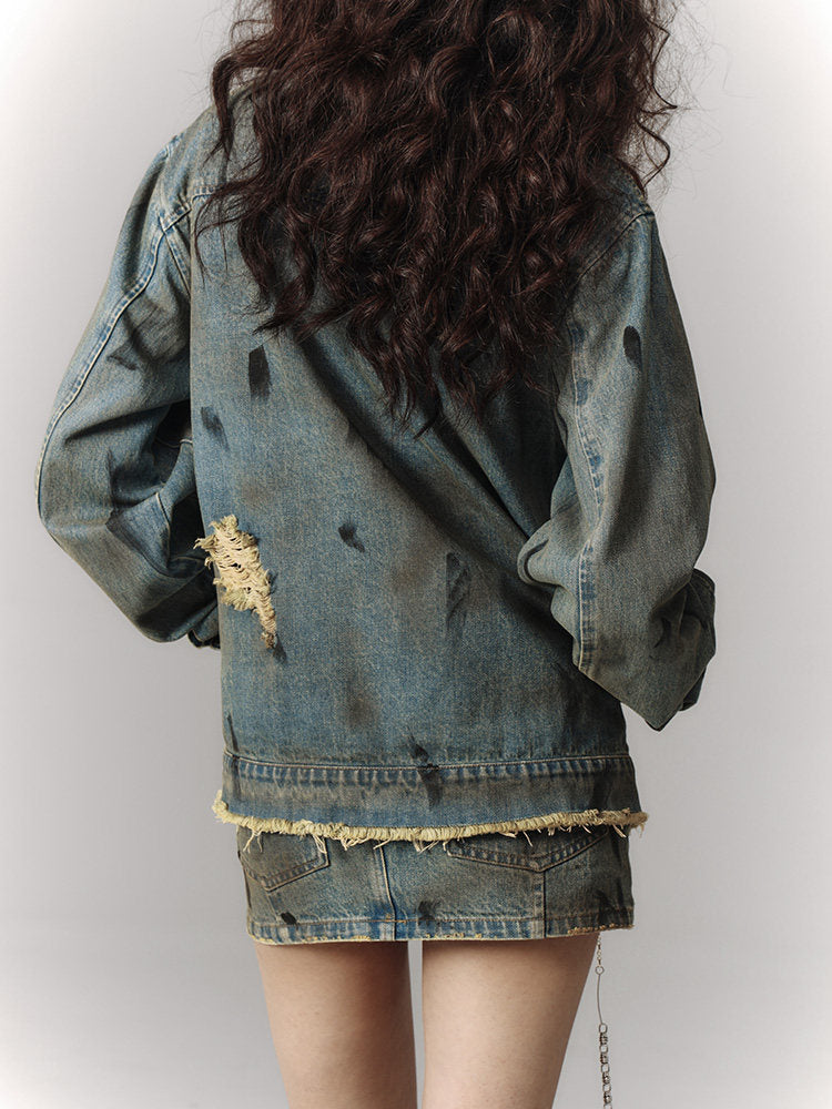 Washed Frayed Collar Denim Jacket & Denim Short Skirt Setup NA8915