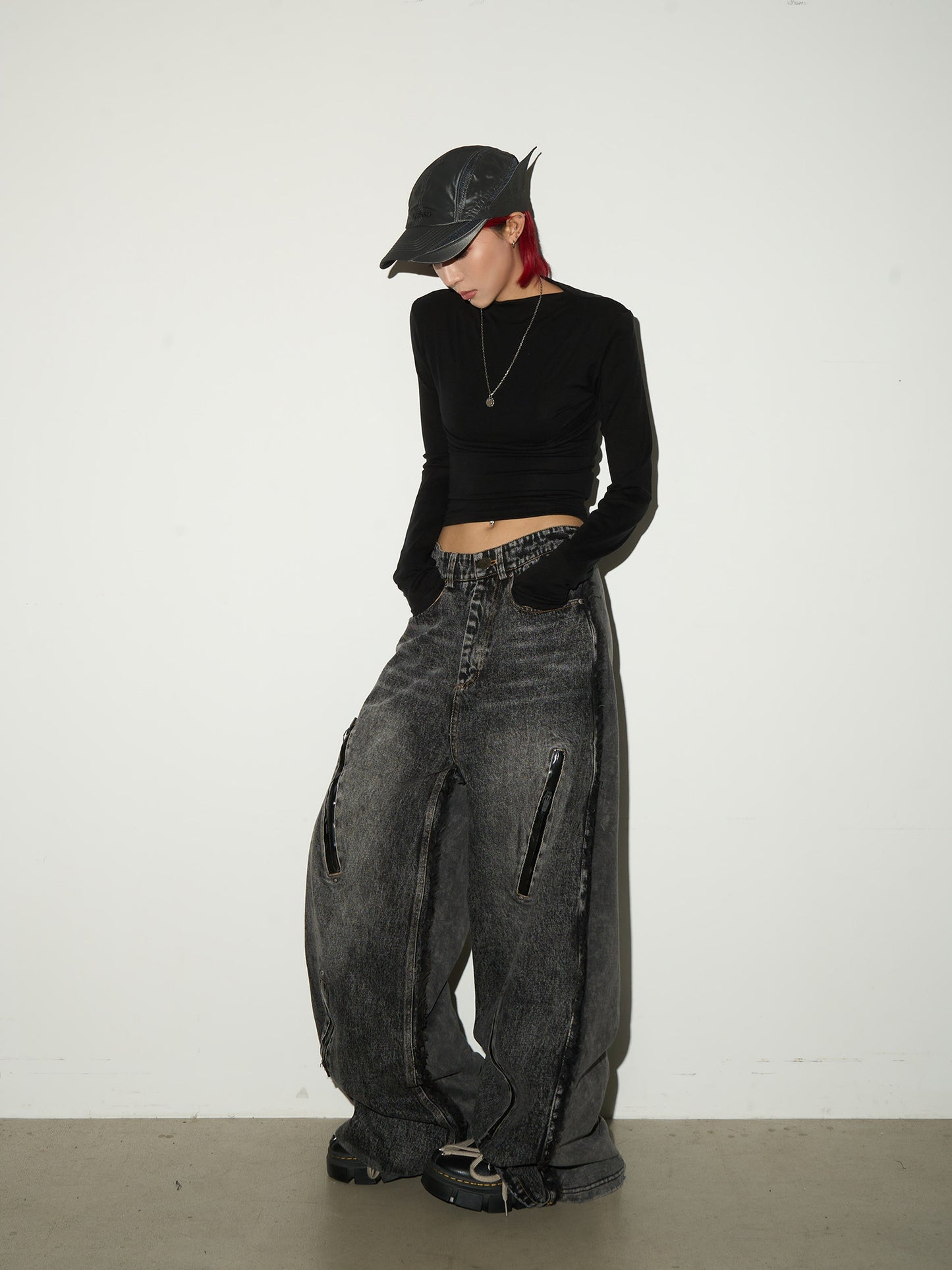 Washed Fray Zipper Detail Wide Leg Denim Jeans NA9191