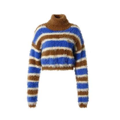 Cropped Striped Stand Neck Furry Knit Sweater NA5657