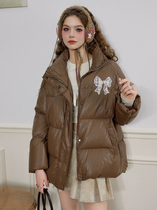 Fake PU Leather Stand Neck Lace Patchwork White Duck Down Jacket NA6904