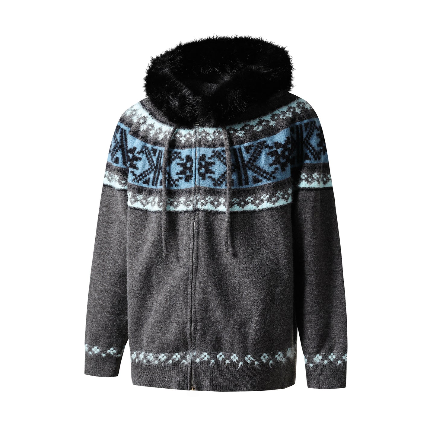 Fur Collar Fair Isle Hooded Knit Cardigan NA8868