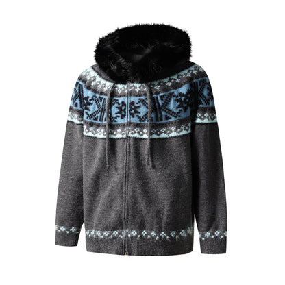 Fur Collar Fair Isle Hooded Knit Cardigan NA8868