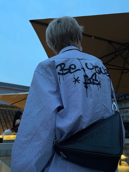 Blue White Stripe Oversize College Long Sleeve Shirt NA8879