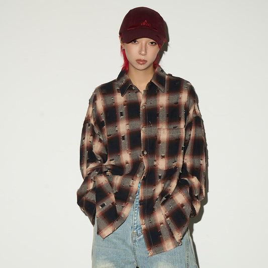 Ripped Plaid Oversize Long Sleeve Shirt NA9149