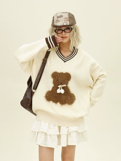 Bear Design V-Neck Knit Sweater NA6351