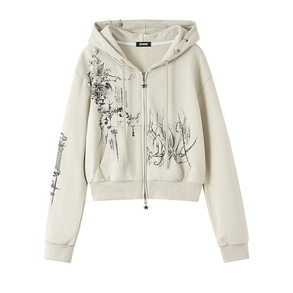 Cropped Graphic Print Zipper Hoodie NA8895