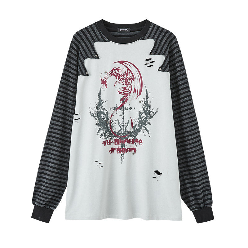 Raglan Stripe Damage Patchwork Long Sleeve T-Shirt NA8918