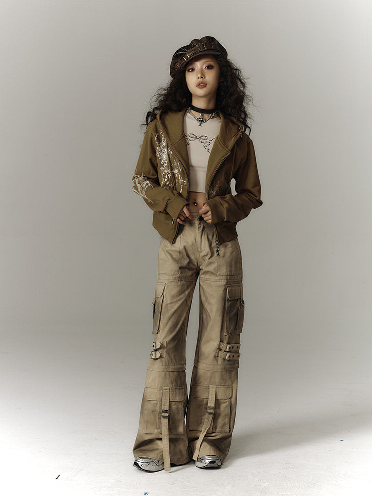 Cropped Graphic Print Zipper Hoodie NA8895