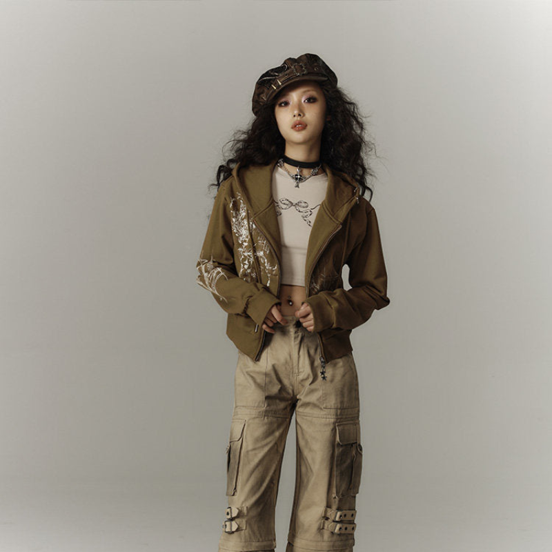 Cropped Graphic Print Zipper Hoodie NA8895