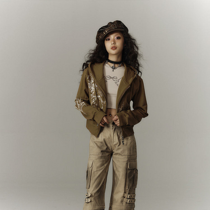 Cropped Graphic Print Zipper Hoodie NA8895