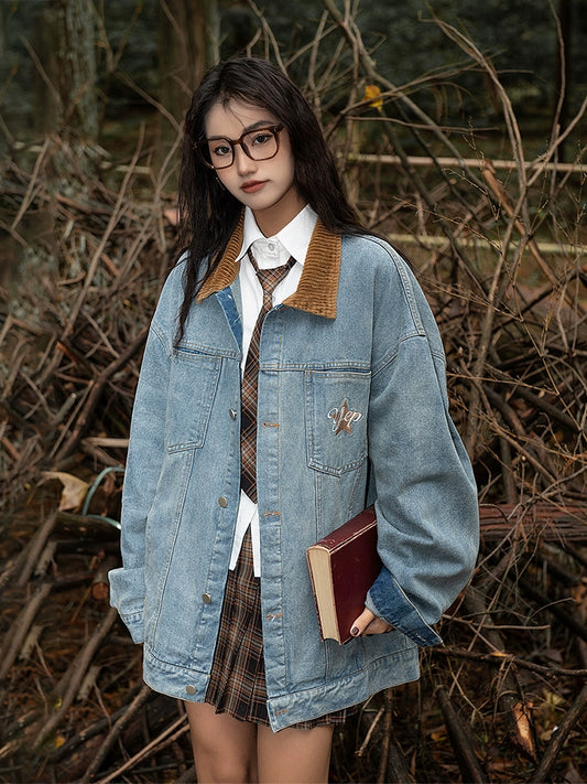 Oversized Corduroy Lapel Denim Jacket NA2646