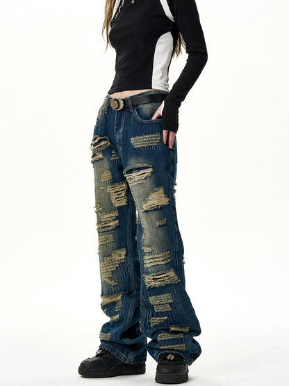 Damaged Straight Denim Jeans NA2989