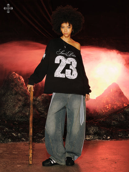 Number Print Off-Shoulder Long Sleeve T-Shirt NA8931