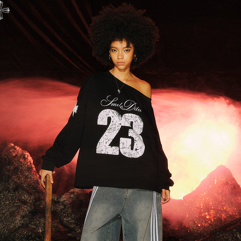 Number Print Off-Shoulder Long Sleeve T-Shirt NA8931