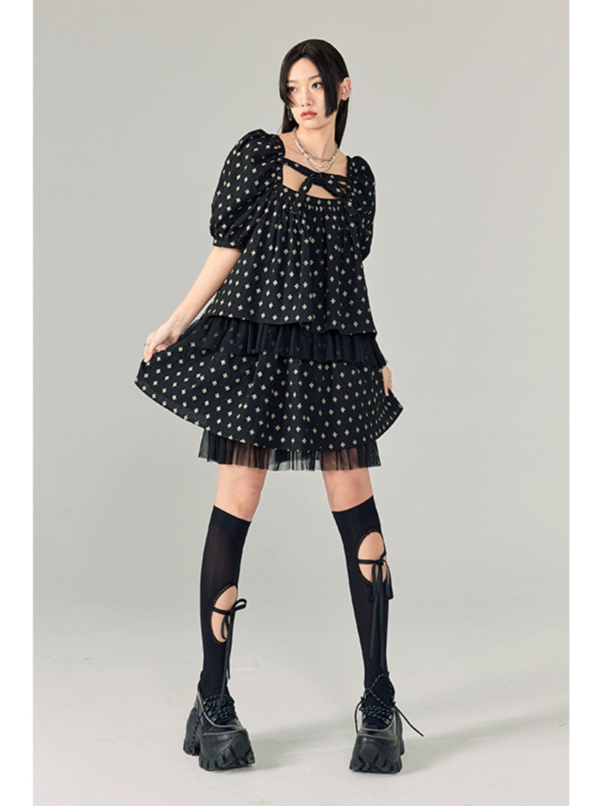 Polka Dot Pattern Lace Splicing Short Sleeve Shirt & Short Skirt Setup NA5409