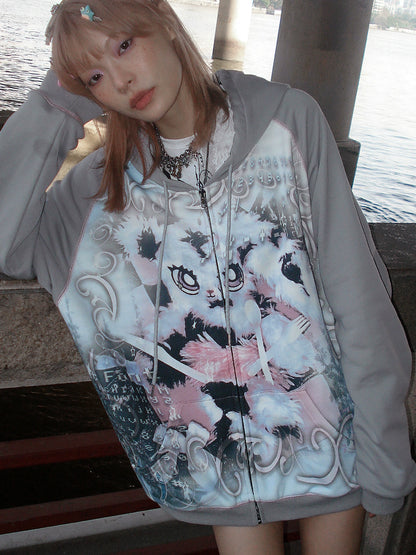 Rabbit Print Oversize Zipper Hoodie NA6608