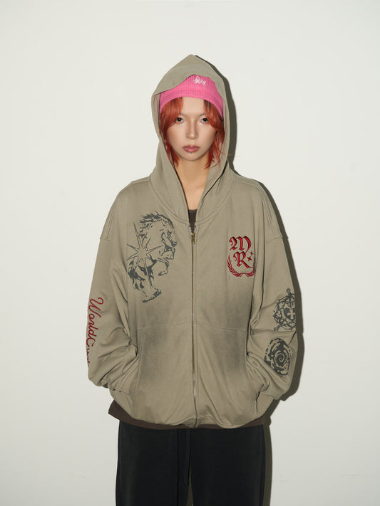 Embroidery Damage Zipper Hoodie NA9157