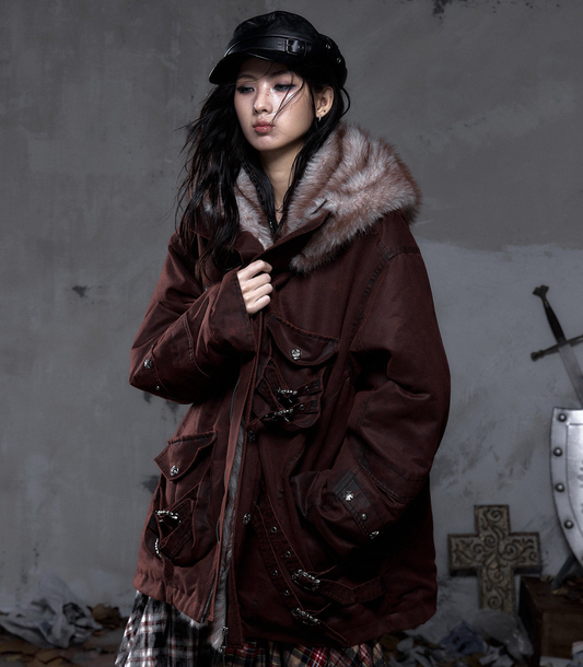 Fake Fur Hooded Multi-Pocket Buckle Detail Jacket NA8989