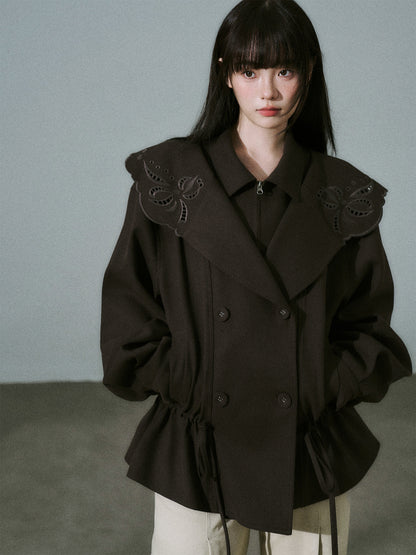 Embroidery Collar Drawstring Waist Double-Breasted Jacket NA8830