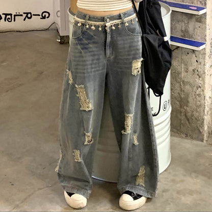 Washed Damage Wide Leg Shell Decoration Denim Jeans NA9258