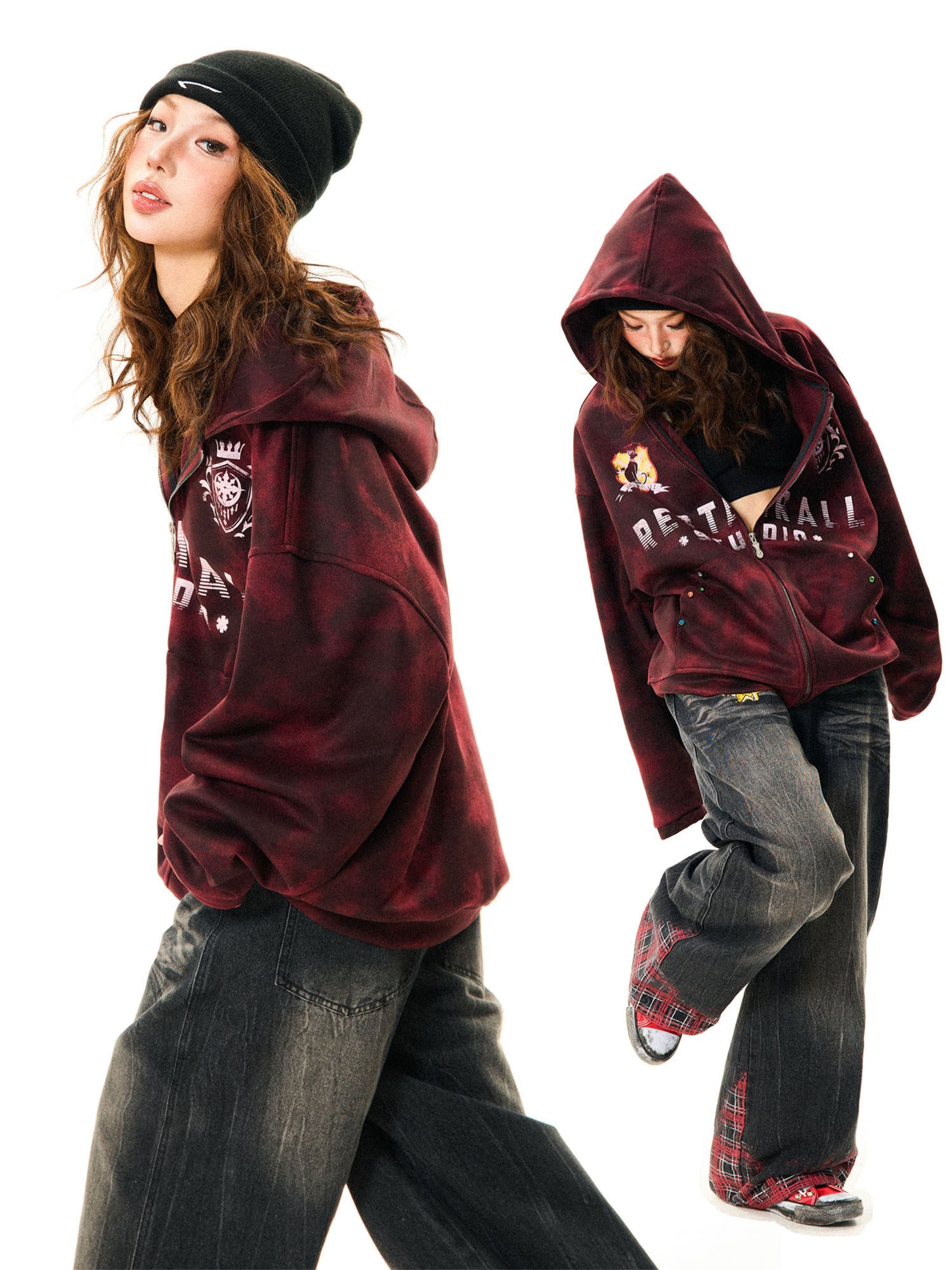 Tie-Dye Letter Print Oversize Zipper Hoodie NA9388
