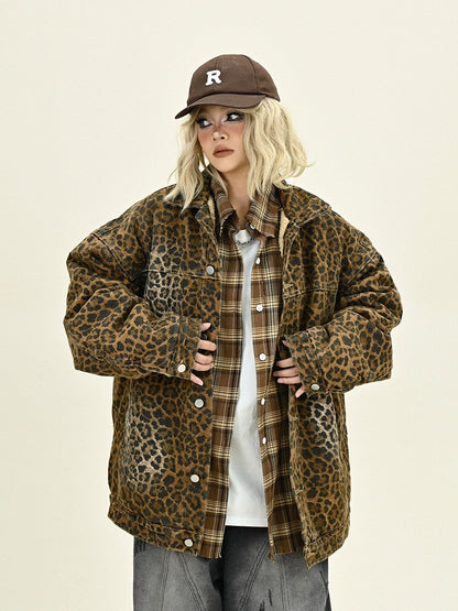 Leopard Print Fleece-Line Denim Jacket NA6215