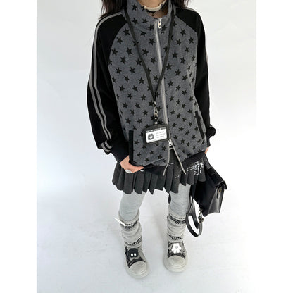 Star Print Double Zipper High-Neck Oversize Cardigan NA9277