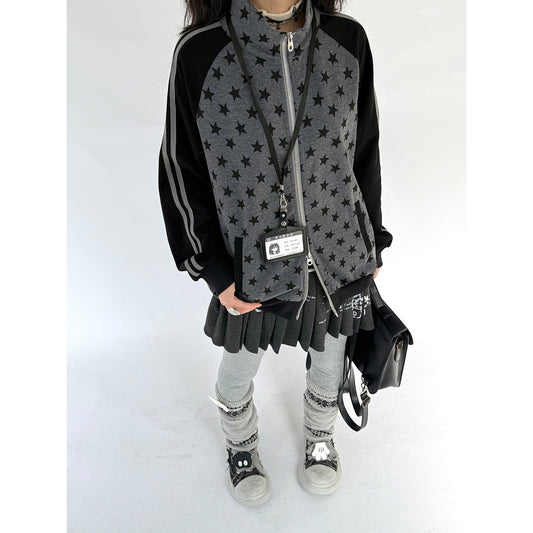 Star Print Double Zipper High-Neck Oversize Cardigan NA9277