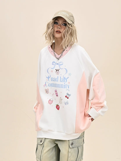 Contrast Color Cartoon Fleece-Linning Sweatshirt NA6374