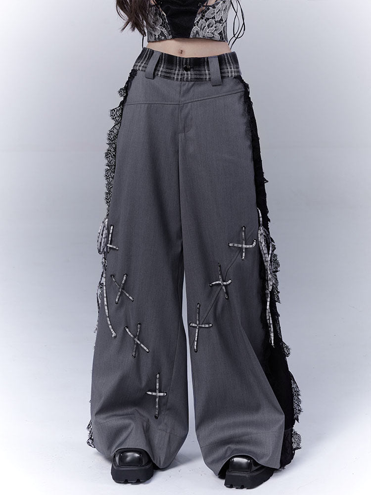 Design Lace Patchwork Tie Detail Drapey Trousers NA8534