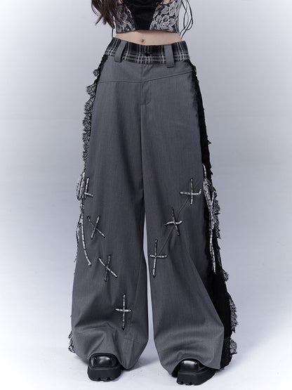 Design Lace Patchwork Tie Detail Drapey Trousers NA8534