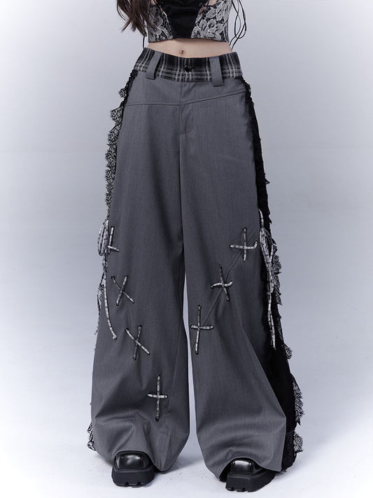 Design Lace Patchwork Tie Detail Drapey Trousers NA8534