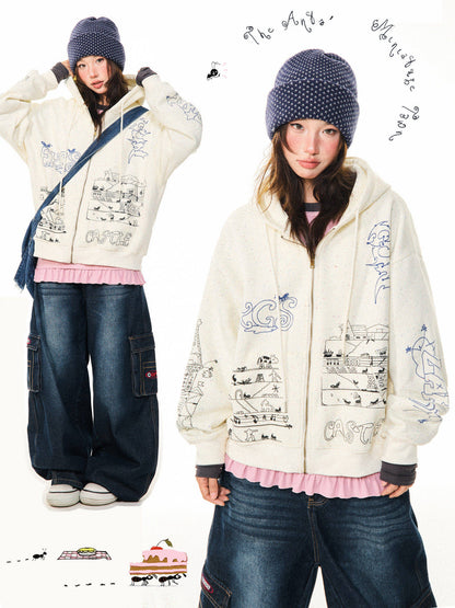 Graphic Print Oversize Zipper Hoodie NA9360