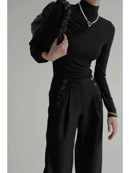 Stand Neck Asymmetric Long Sleeve Knit Top NA4198