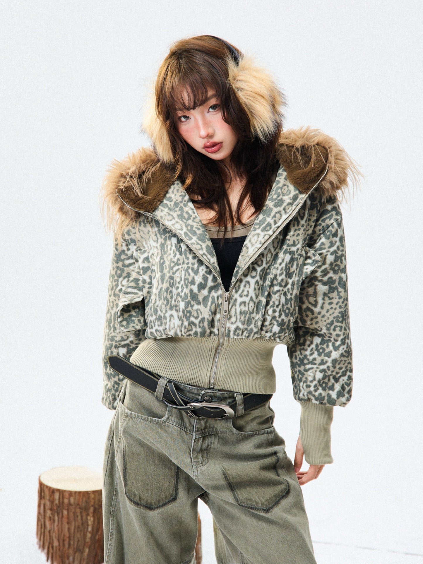 Leopard Print Fur-Trim Hood Puffer Jacket NA9416