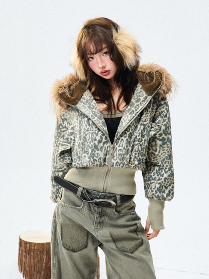 Leopard Print Fur-Trim Hood Puffer Jacket NA9416