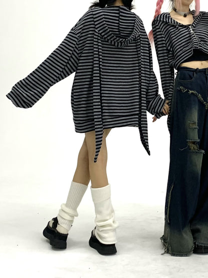 Striped Rabbit Ear Oversize Zipper Jacket & Zipper Coat NA9257