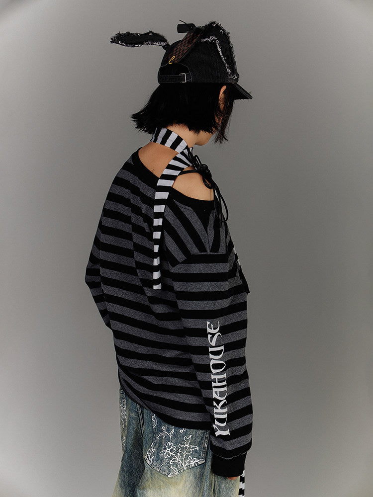 Off-Shoulder Drawstring Stripe Oversize Long Sleeve T-Shirt NA8885
