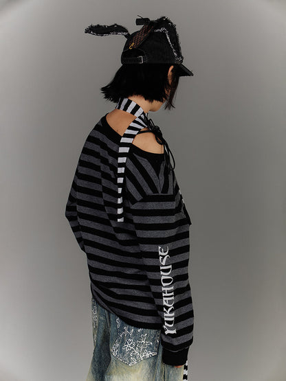 Off-Shoulder Drawstring Stripe Oversize Long Sleeve T-Shirt NA8885