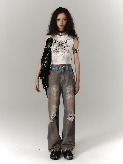 Mud Wash Damage Tie-Dye Wide Leg Straight Denim Jeans NA8928