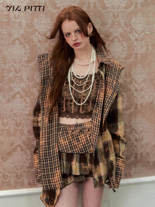 Oversize Plaid Long Sleeve Shirt & Short Skirt & Scarf Setup NA5095