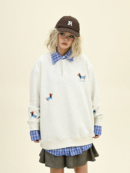 Fake Layered Dog Embroidery Sweatshirt NA6283