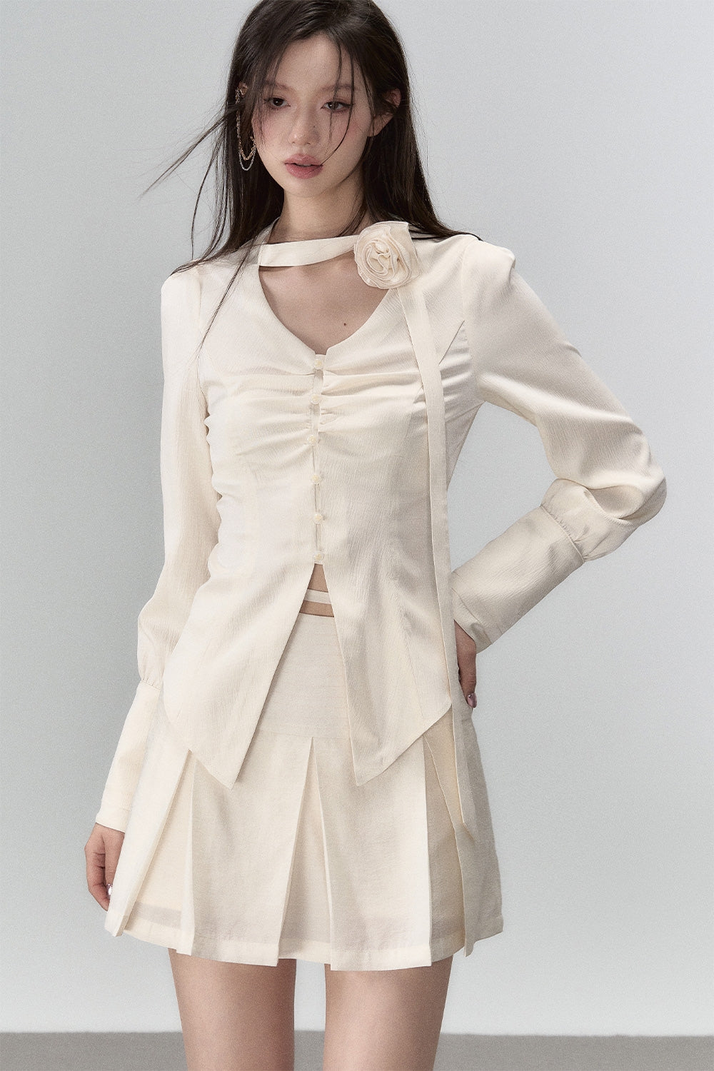 Drape V-neck Button Up Long Sleeve Shirt & Pleats Skirt Setup NA4815