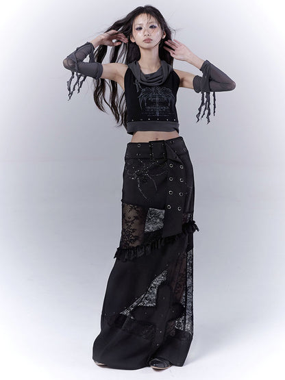 Rivet Print Patchwork Sleeveless T-Shirt & Arm Cover Set NA8537