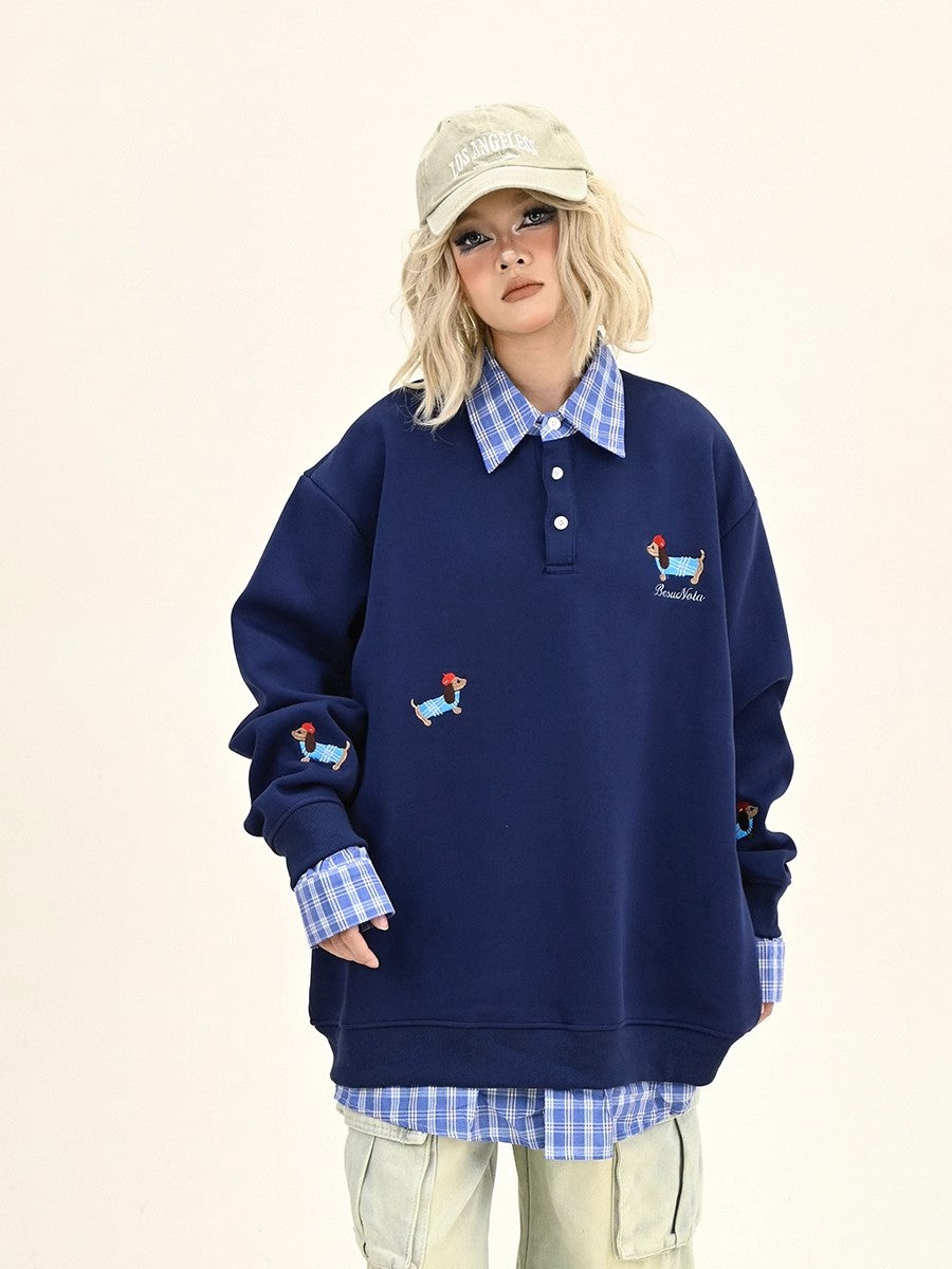 Fake Layered Dog Embroidery Sweatshirt NA6283